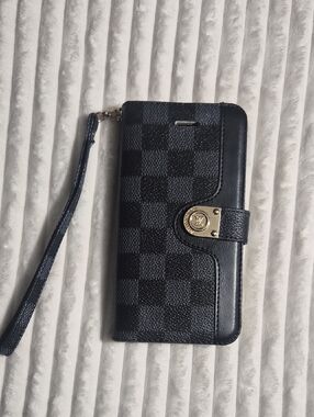 Louis Vuitton Black Damier Checkered Wallet Phone Case with Wrist Strap